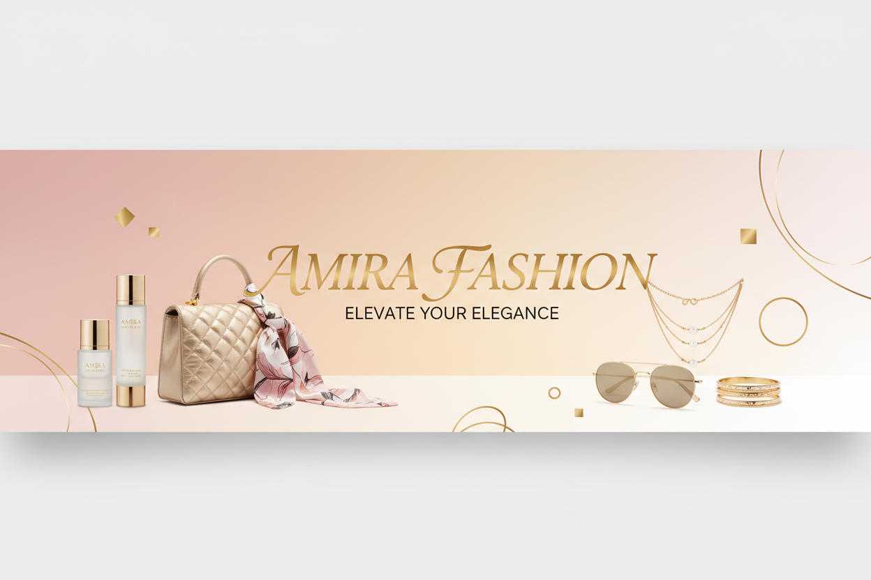 صمم لي صورة بانر جذاب لمتجر إلكتروني يسمى "Amira Fashion"، متخصص بالملابس العصرية، مستحضرات البشرة، والإكسسوارات النسائية.

المتطلبات:
1. أسلوب عصري وفاخر، ألوان أنثوية جذابة مثل الوردي، الذهبي، والأبيض.
2. تصميم أنيق يظهر المنتجات بشكل راقي، مثل مستحضرات البشرة، الحقائب، المجوهرات، والإكسسوارات، مع موديلات نسائية أو عرض المنتجات بشكل جذاب.
3. أبعاد الصورة: عرض 1600px × ارتفاع 500px، مناسبة كبانر للصفحة الرئيسية لمتجر Shopify.
4. يمكن أن تحتوي على خلفية ناعمة ومتناسقة، مع عناصر تصميمية عصرية مثل لمسات ذهبية