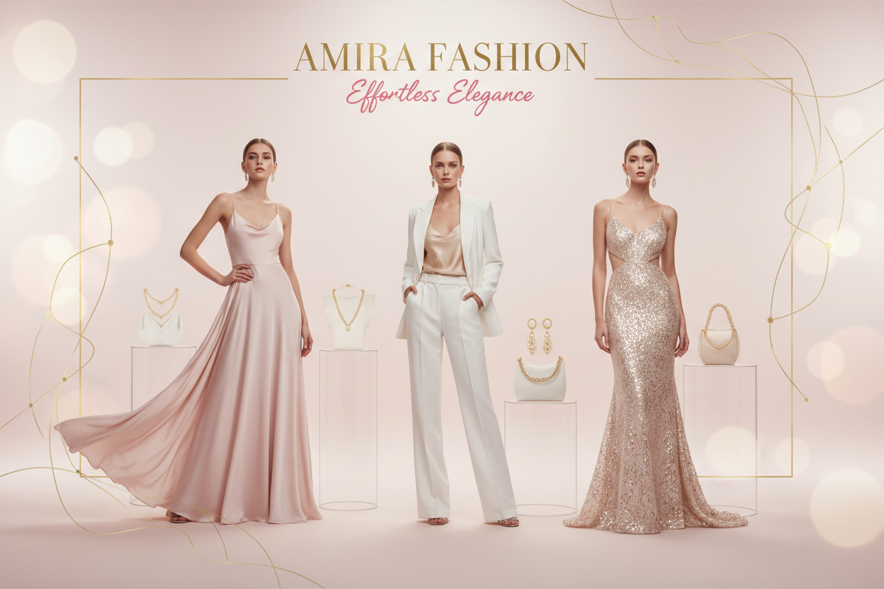 صمم لي صورة بانر جذاب لمتجر إلكتروني يسمى "Amira Fashion"، متخصص جهة م